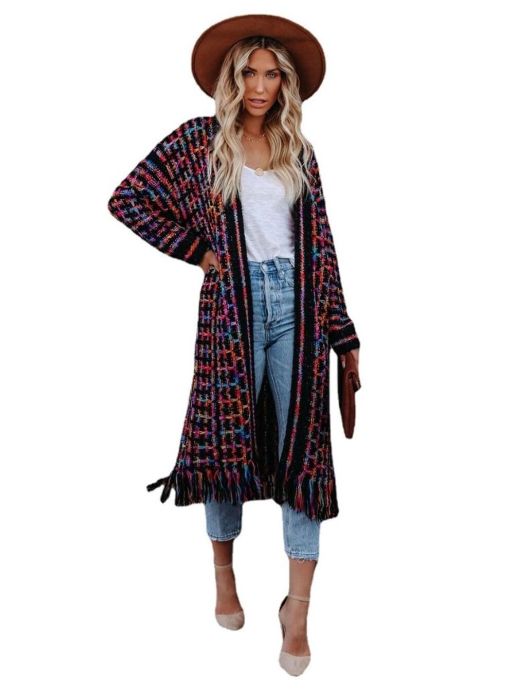 Womens Boho Cardigan Sweater Open Front Fringed Tassels Aztec Maxi Cardigan - Picture 5 of 8